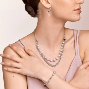 COEUR DE LION Halskette mit Süßwasserperlen und klobiger Kette, 4-in-1, Weiß-Silber- Multiwear-Halsketten